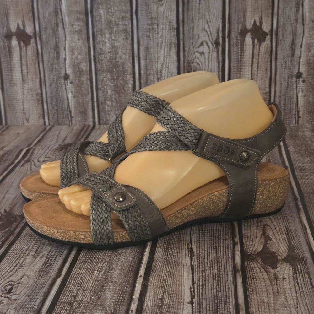 Sz 9-9.5/ 40 Taos Trulie Grey Leather Woven Comfort Wedge Sandals Worn 1X!